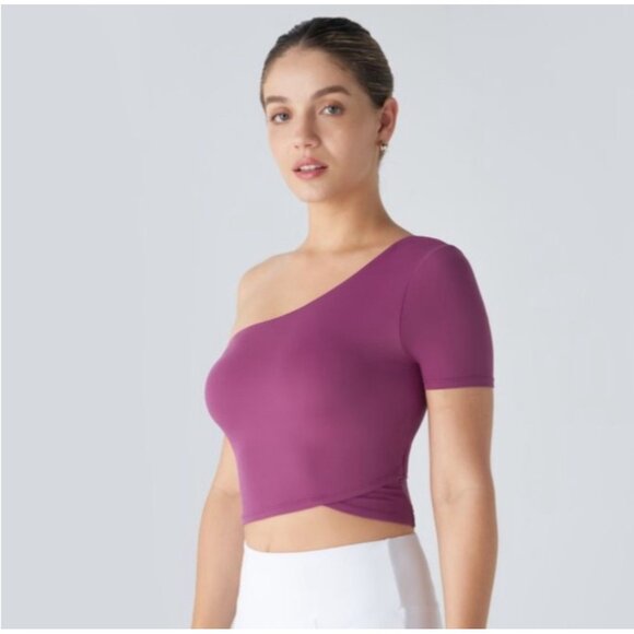 Halara Short Sleeve One Shoulder Crop Top Sz XL Purple Built in Bra - Picture 5 of 13